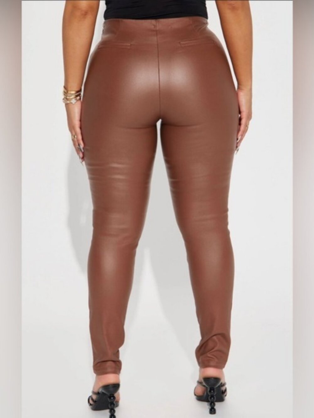 NEW Faux Leather High Rise Side Zipper Stretch Skinny Pant Chocolate Brown Small - Picture 4 of 5